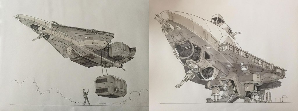 Illustration of a futuristic spacecraft taking off, lifting a cargo container while a person stands on the ground observing.