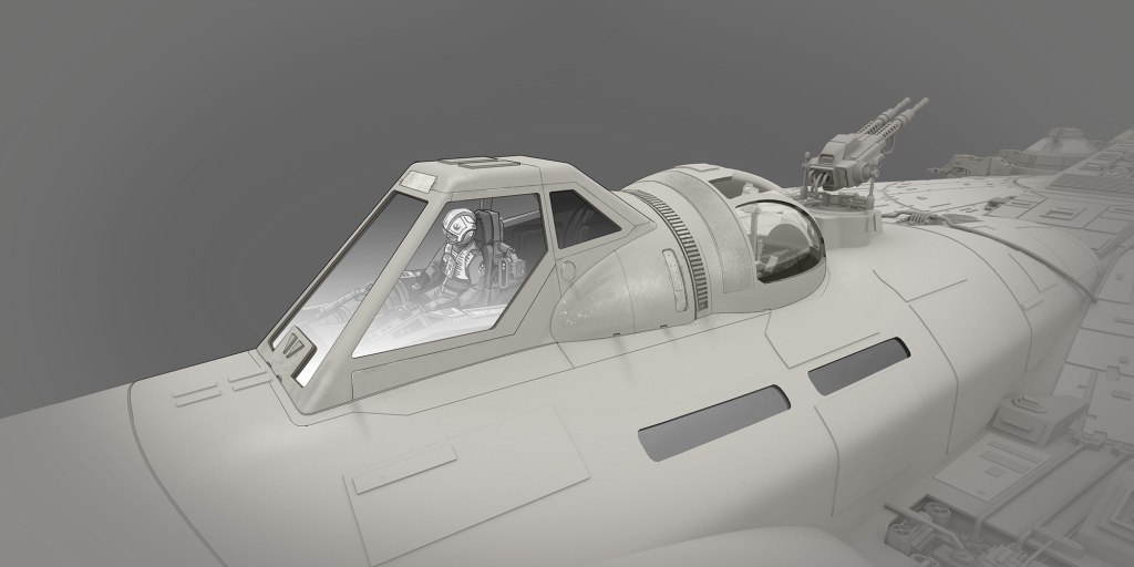 Futuristic spaceship cockpit with pilot inside, featuring advanced controls and weapons on the exterior.