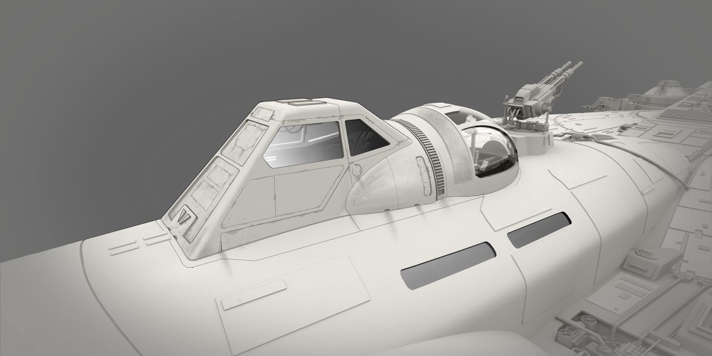 Detailed view of a spacecraft cockpit with multiple windows and a gun turret on top.
