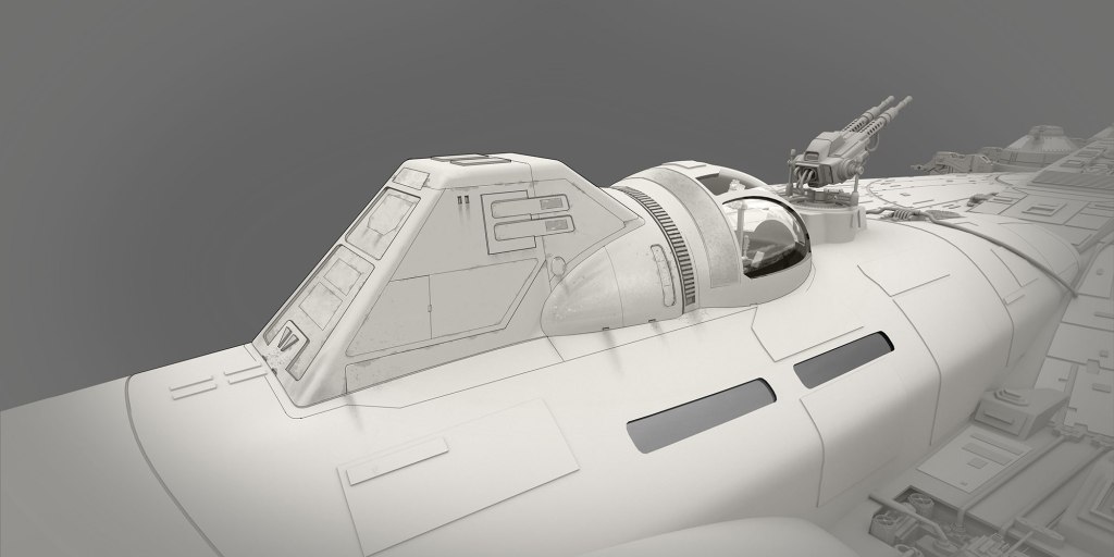 Close-up view of a futuristic spaceship cockpit with angular design and multiple windows, featuring a turret mounted on top.