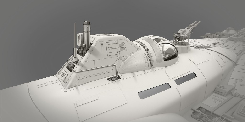 Close-up view of a futuristic spaceship cockpit with a streamlined design, featuring advanced instrumentation and weaponry.