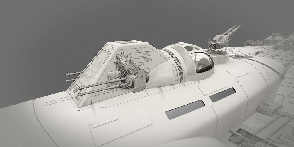 Front view of a futuristic spacecraft cockpit with mounted cannons and intricate details.