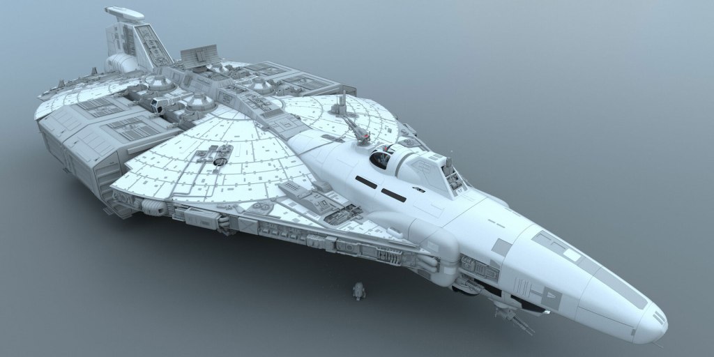 A detailed 3D rendering of a futuristic spaceship with a sleek design, featuring multiple components and a spacious cockpit.