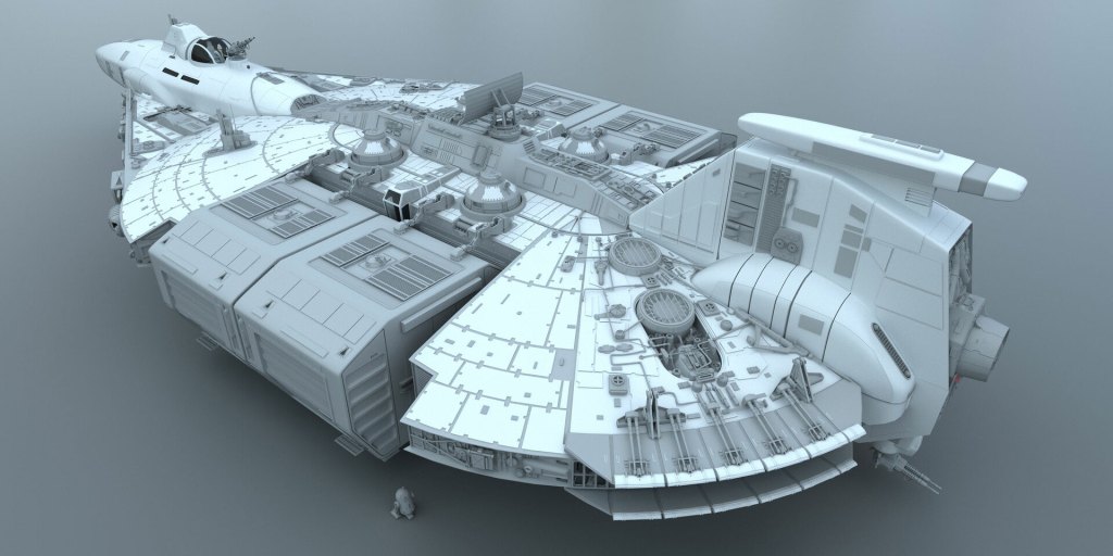 Detailed 3D model of a futuristic spaceship with several engine compartments and a sleek design.