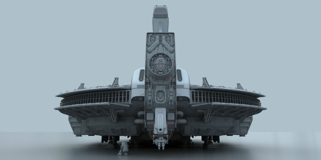 A detailed 3D rendering of a futuristic spaceship viewed from the rear, showcasing its intricate design and structural components.