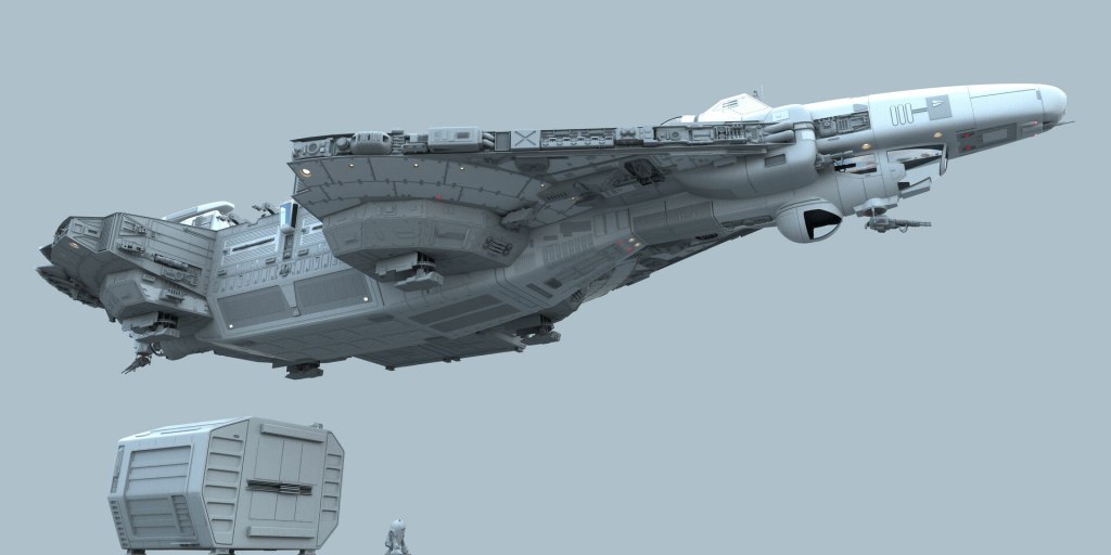 A futuristic spaceship design, featuring detailed exterior elements and sleek lines, hovering above a small cargo container.