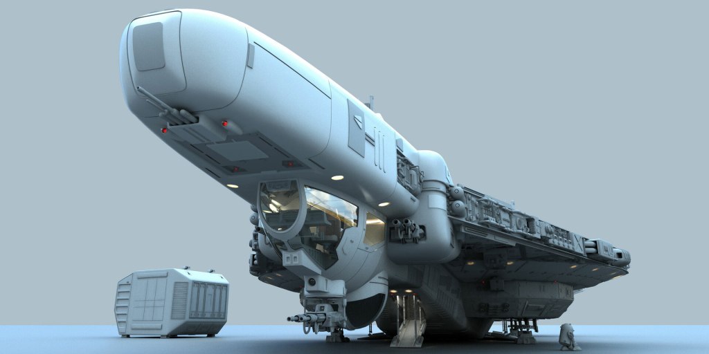 A futuristic spacecraft with a sleek design, featuring a prominent nose, various docking ports, and a smaller transport vehicle nearby.