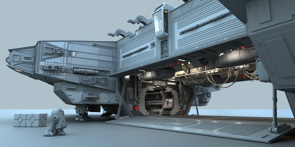 A futuristic spacecraft with detailed exterior features and an open hatch, revealing interior mechanics and lighting. A small robot figure stands nearby on a smooth surface.