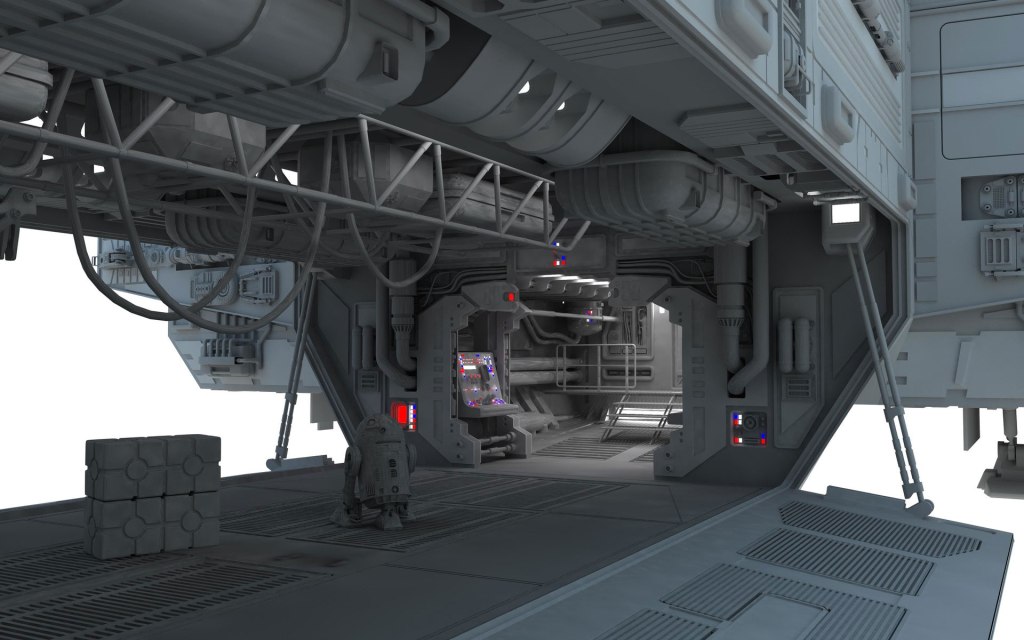 Interior view of a futuristic spacecraft with complex machinery, pipes, and control panels, featuring a droid and storage elements.