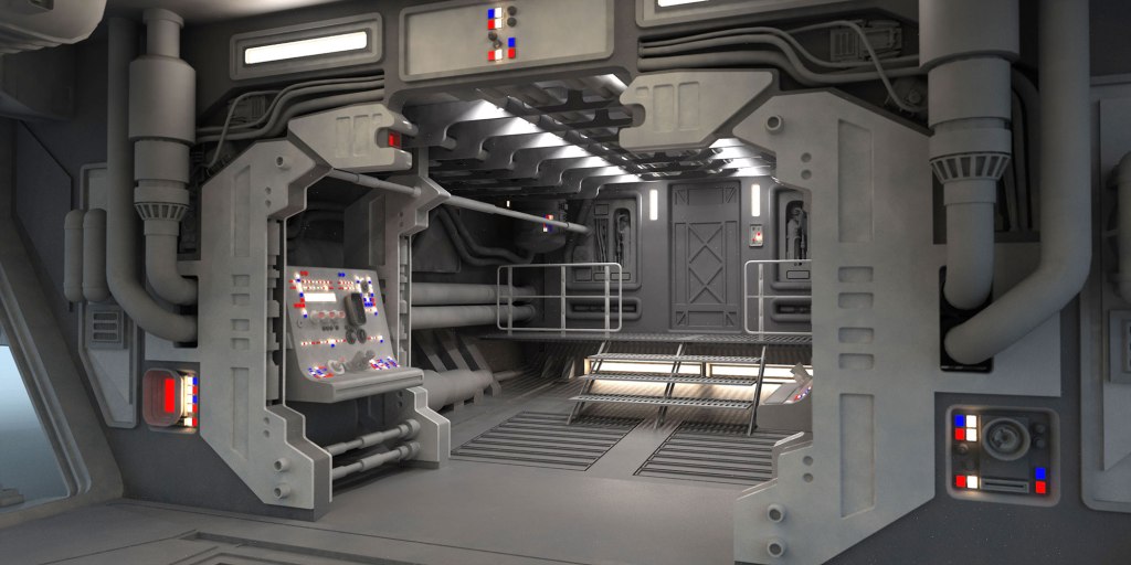 Futuristic interior of a spaceship featuring control panels, pipes, and illuminated sections.