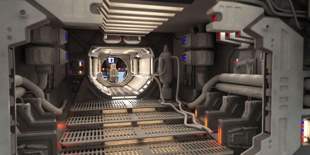 A futuristic corridor inside a spacecraft, featuring metallic walls, illuminated panels, and various pipes and machinery. The hallway leads to a rounded doorway at the end.