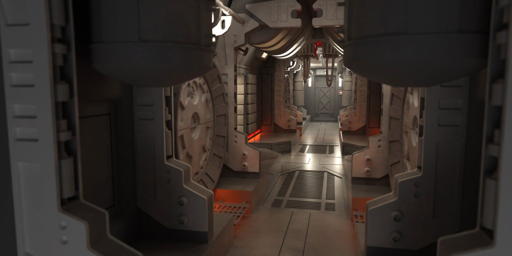 A futuristic, metallic corridor featuring walls and floor with industrial design, dim lighting, and orange accents, suggesting a space station or spaceship interior.