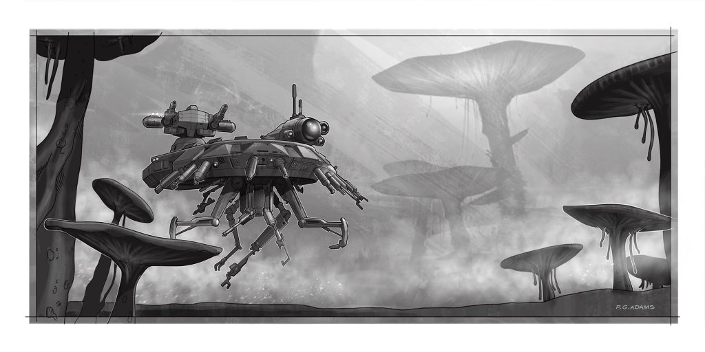 A futuristic flying drone with multiple legs hovering above large, surreal mushroom-like structures in a monochromatic landscape.