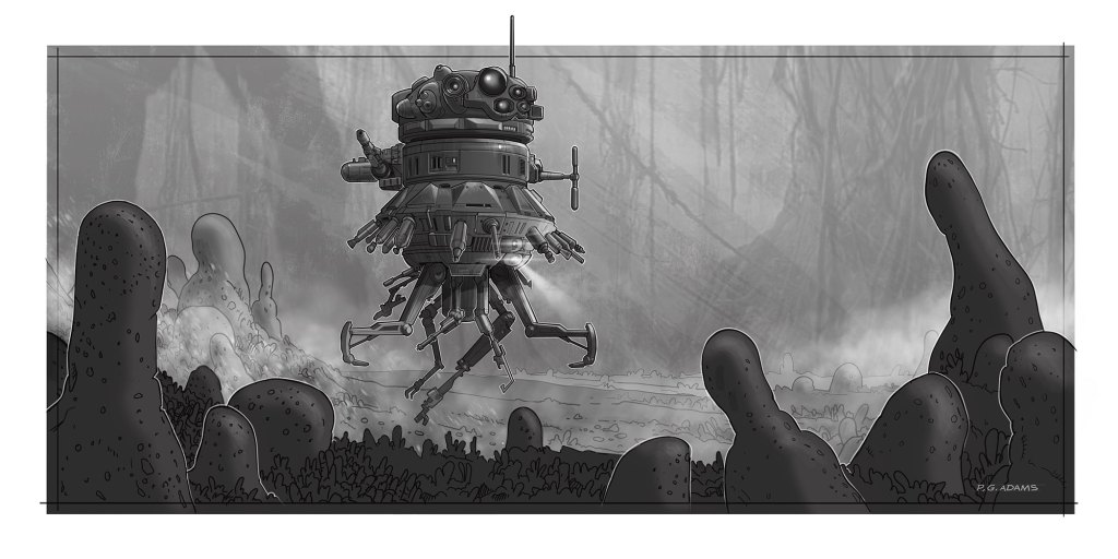 A futuristic spacecraft hovering above an alien landscape with distinctive, organic-shaped formations in the foreground and mist in the background.