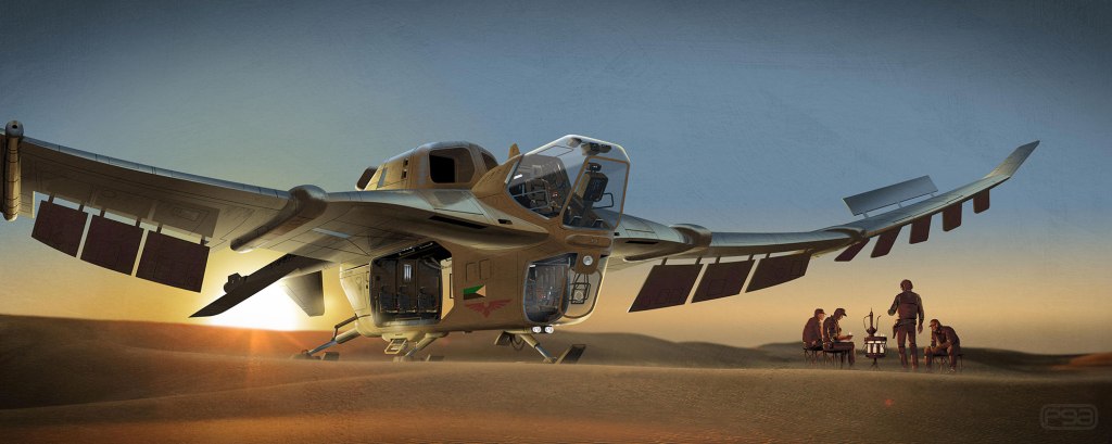 A futuristic aircraft with large wings and solar panels, parked in a desert landscape. In the foreground, a group of people gather around a table, engaging in a discussion as the sun sets in the background.