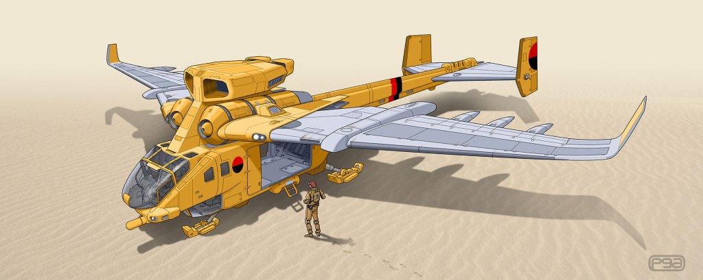 A large yellow military helicopter with an oversized cockpit and distinctive wings, parked on sandy terrain, with a soldier standing next to it.