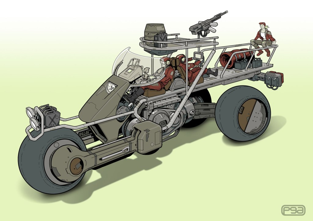 A futuristic vehicle featuring a large front wheel, a sleek body design, and multiple seating areas for passengers. It includes weapons mounted on top and storage compartments, showcasing a unique blend of functionality and style.