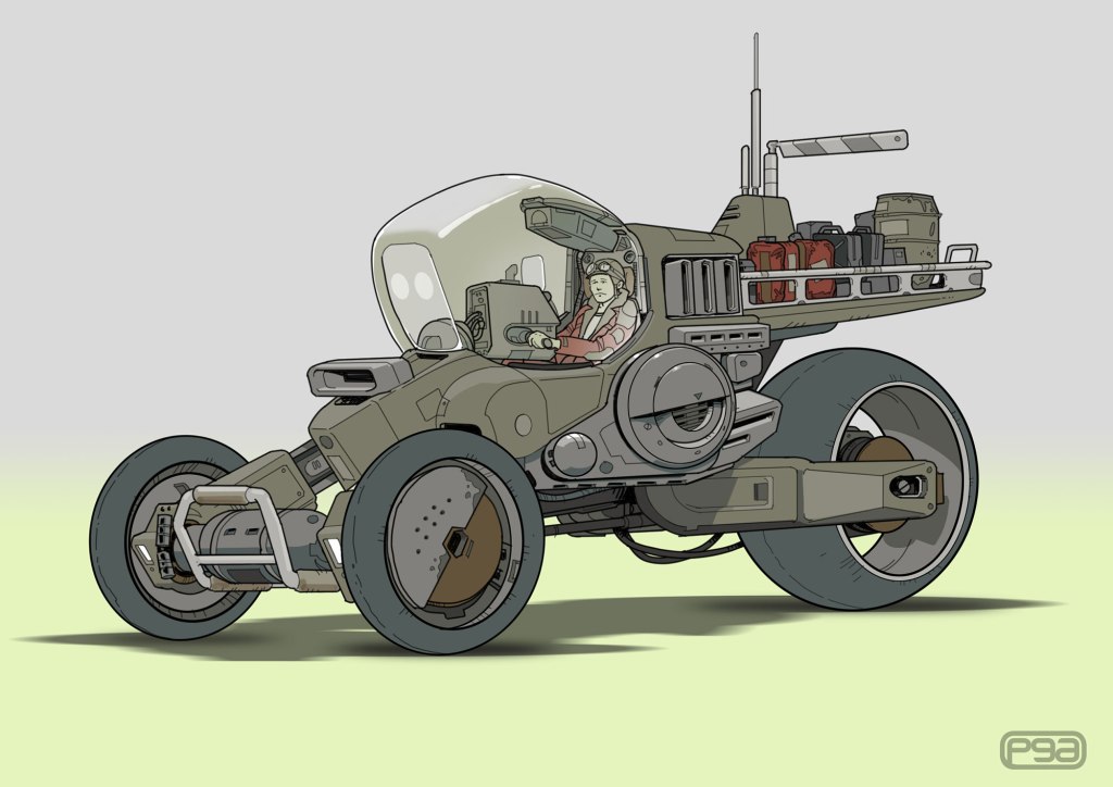 A futuristic vehicle with large wheels and a streamlined design, featuring a transparent cockpit with a driver inside and various cargo containers attached to the back.