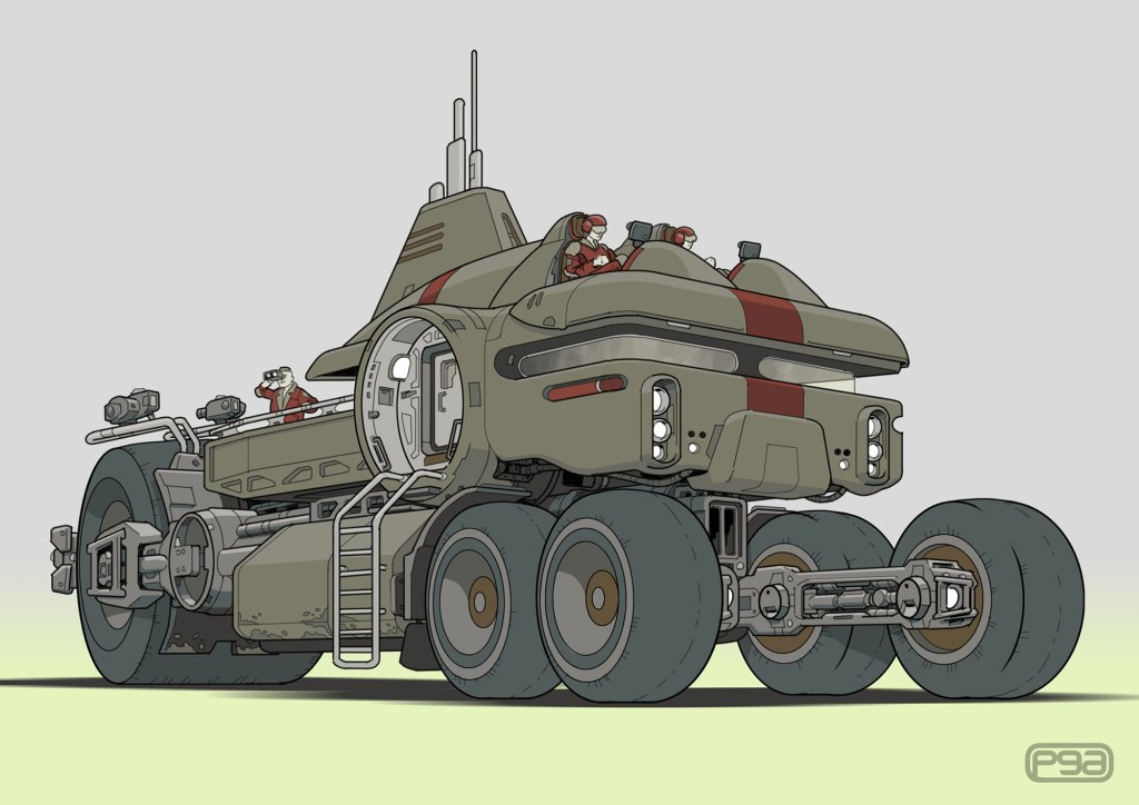 A stylized futuristic vehicle with large wheels, featuring a central cabin, various mounted gadgets, and two small figures seated on top.