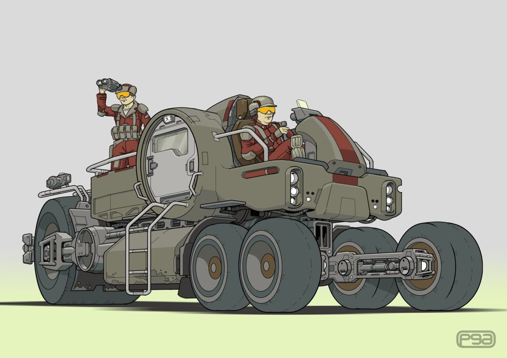 A futuristic armored vehicle with four large wheels, featuring two characters in red uniforms. One character is standing and using binoculars, while the other is seated at the controls.