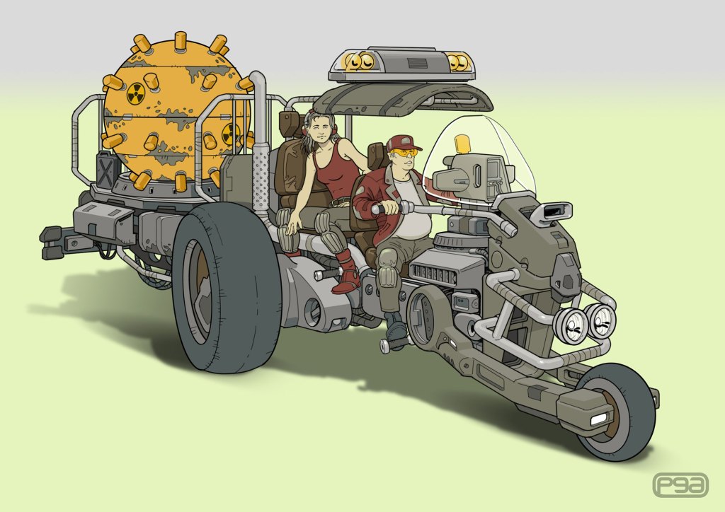 Illustration of a futuristic vehicle with a large, round, spiked object on the back, carrying two characters: a woman in a tank top and a man wearing a cap and red jacket, sitting in a high-tech cockpit.