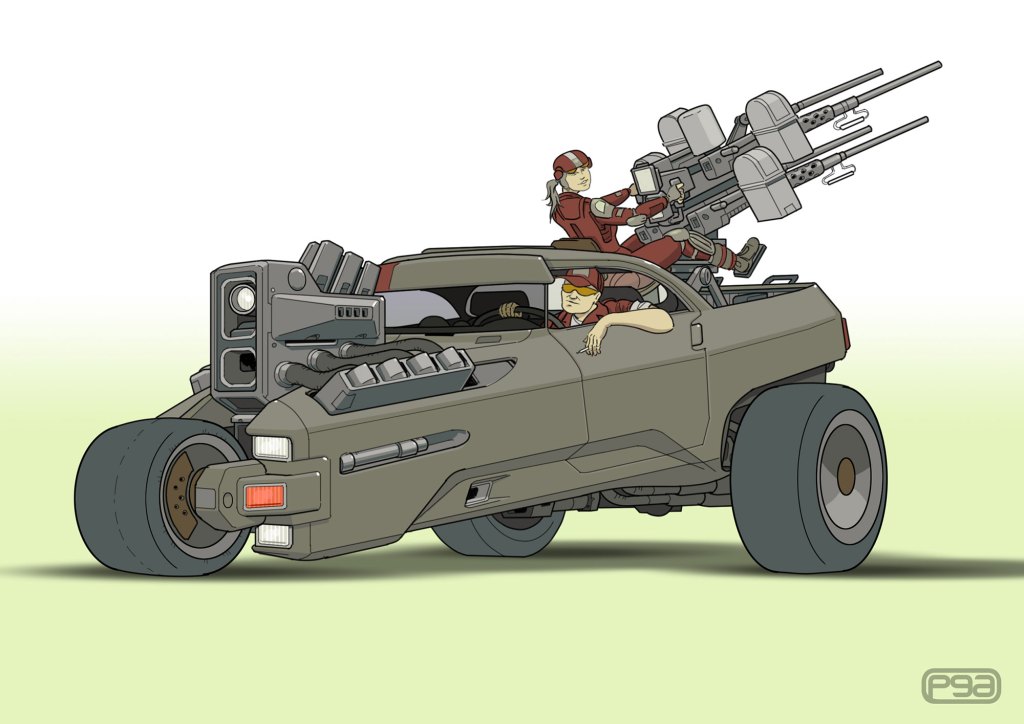 A futuristic armored vehicle with large wheels, featuring two characters: one driving and the other operating a mounted gun on the roof.