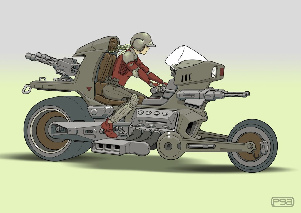 A futuristic motorcycle with a rider, featuring a sleek design and mounted weaponry. The rider, depicted in a red outfit with green hair, is positioned dynamically on the bike.