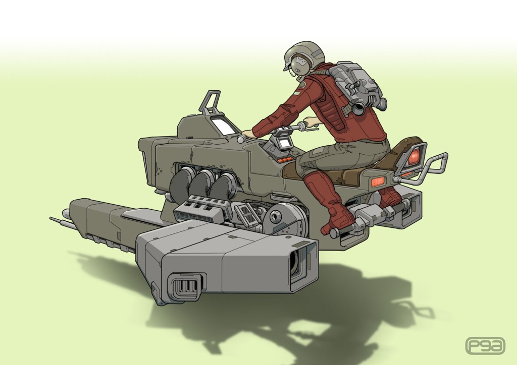 An illustration of a futuristic rider on a sci-fi motorcycle, featuring a sleek design with various mechanical details, set against a light green background.