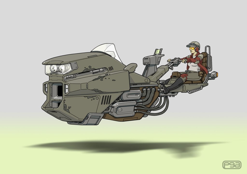 A futuristic flying motorcycle with a pilot wearing goggles and a helmet, featuring intricate mechanical details and a sleek design, hovering above a green gradient background.