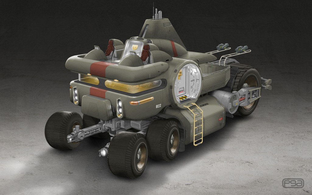A futuristic, stylized vehicle with large wheels, a prominent front cabin, and a unique design featuring rounded edges and a combination of gray and red colors.