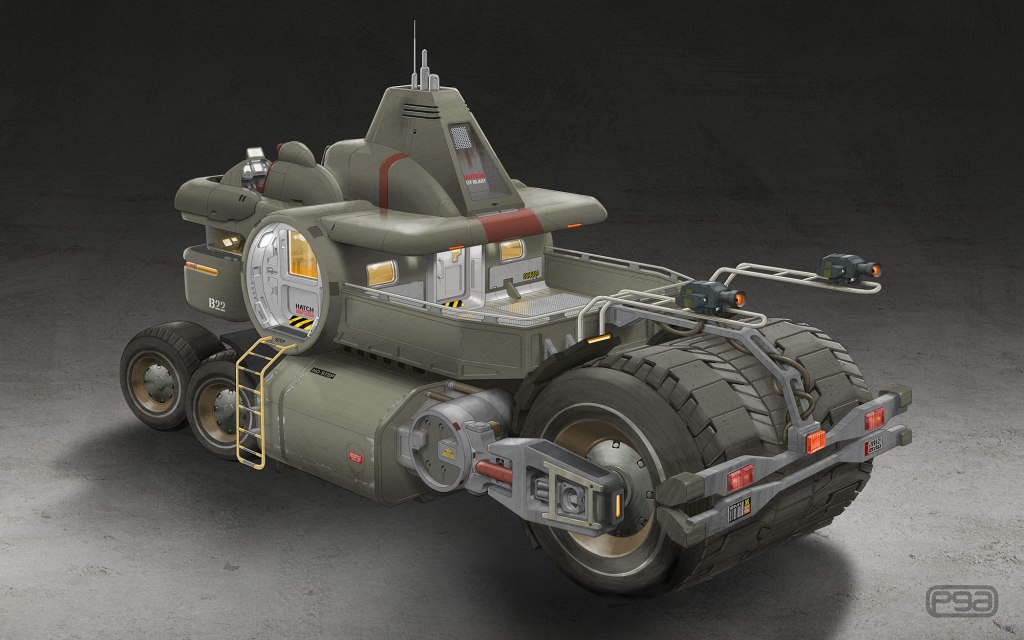 A futuristic mechanical vehicle with a robust design, featuring large wheels, various compartments, and high-tech attachments.
