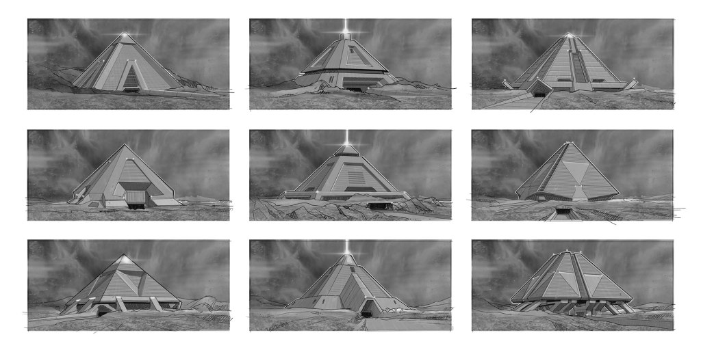 A grid of nine illustrations depicting various designs of pyramid structures, with distinct architectural features and textures, shown from different angles.