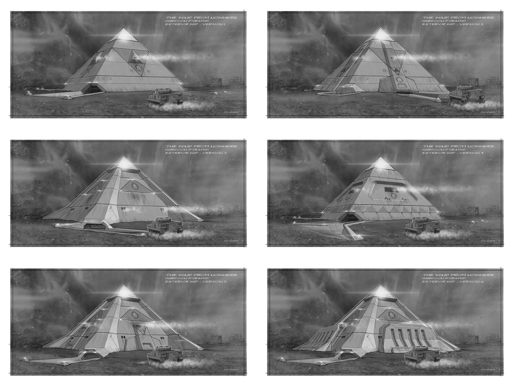 A black and white illustration featuring multiple views of a futuristic pyramid structure, labeled 'The Wild from Moonhere.' Each version displays different exterior designs and architectural details, accompanied by a vehicle in the foreground.