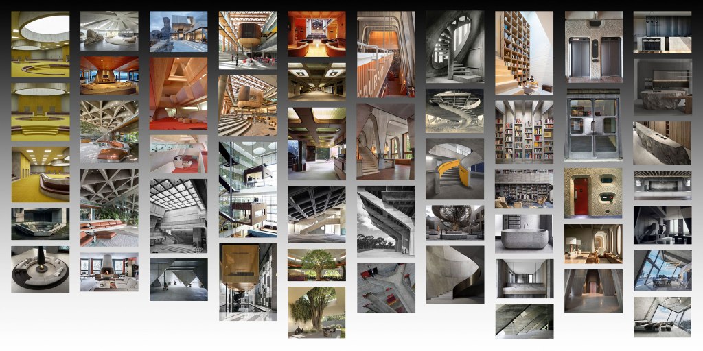 A collage of various contemporary architectural spaces and designs, showcasing interiors with unique shapes, materials, and lighting.