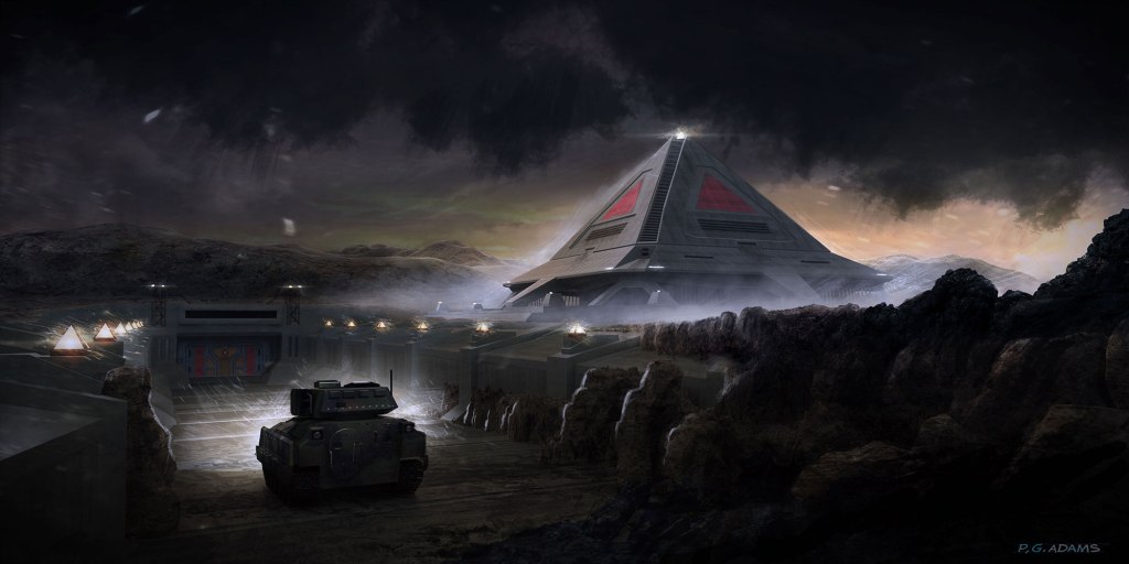 A futuristic landscape featuring a large pyramid structure with red accents under a dark, stormy sky. A military vehicle is positioned in the foreground, with smaller pyramids and a facility in the background.