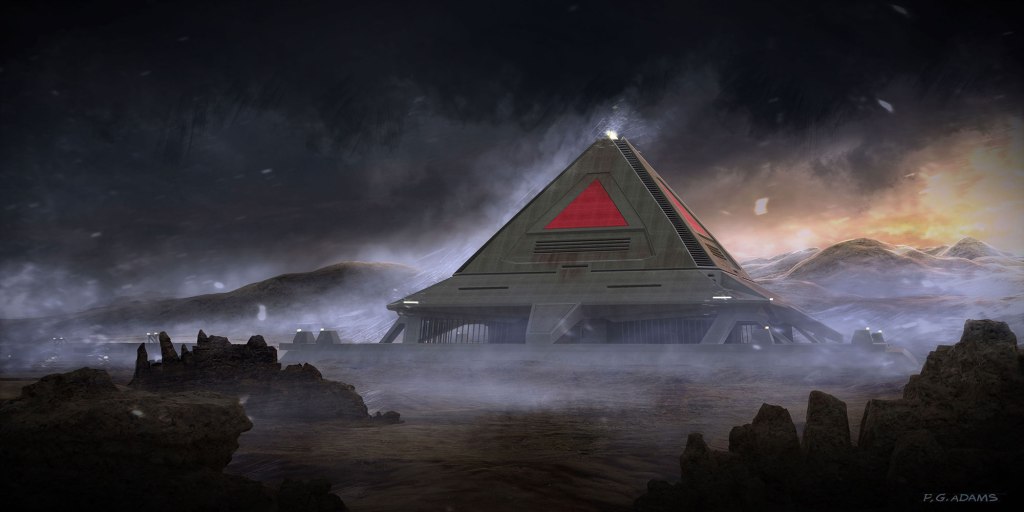 A futuristic pyramid structure with a red triangular accent, set in a desolate landscape with rocky terrain and an ominous sky.