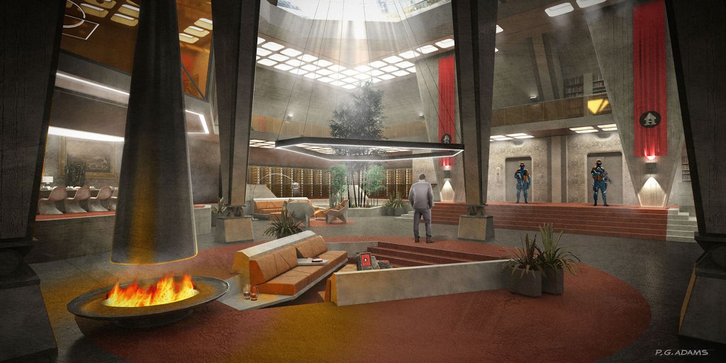 A futuristic interior space featuring a large circular area with a central installation, contemporary furniture, a fire pit, and plants. Sunlight streams through large skylights, illuminating the room where a lone figure stands, with two security personnel in uniforms stationed by the entrance.