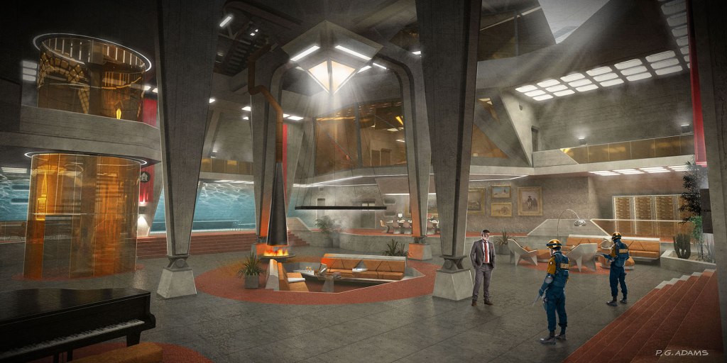 A futuristic interior of a spacious lobby featuring modern architecture with high ceilings, large windows, and a mix of industrial and elegant design elements. Two security personnel in blue uniforms stand beside a man in a suit, with a contemporary fireplace and seating areas visible.