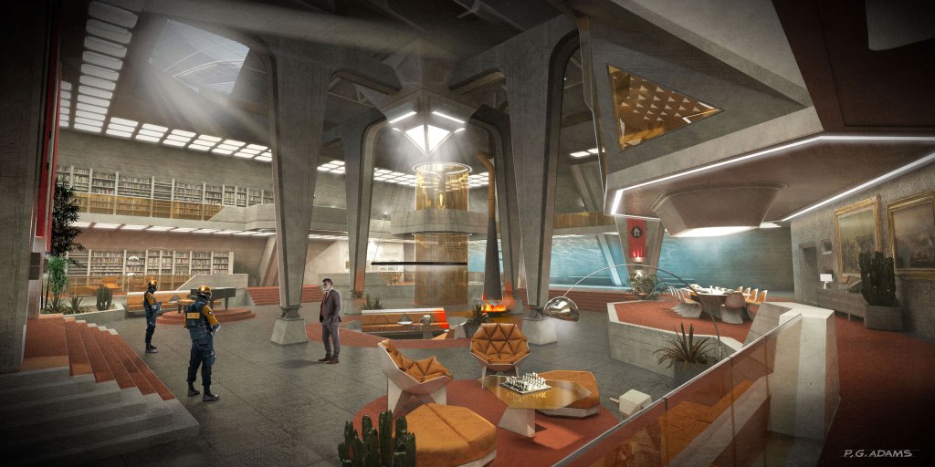 A futuristic interior space featuring a large atrium with modern furniture, multiple levels, and ample natural light. Two figures in tactical gear stand beside a man in a suit, with decor including plants and a chess table.