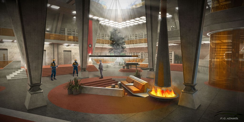 A spacious, modern lobby with large pillars, a stylish seating area, and a central piano. Two security personnel in blue attire stand by, with a warm fire feature in the center and a large tree adding greenery. The background showcases a two-level architecture with shelves and lighting.