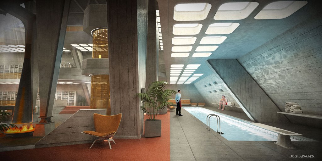 Indoor swimming pool area featuring modern architecture with large windows and concrete structures, a person standing beside the pool, and a second person relaxing on the edge of the pool.