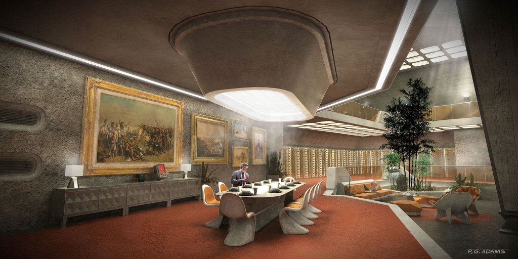 A modern and stylish interior of a spacious office or meeting room featuring a large dining table, contemporary seating, notable artwork on the walls, and greenery that enhances the atmosphere.