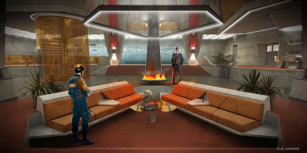 A futuristic lounge featuring orange and white sofas, a coffee table with books, and a central fire. A security officer in a blue uniform stands to one side, while a man in a suit stands across from him. The background shows large windows with ocean views and modern architectural elements.