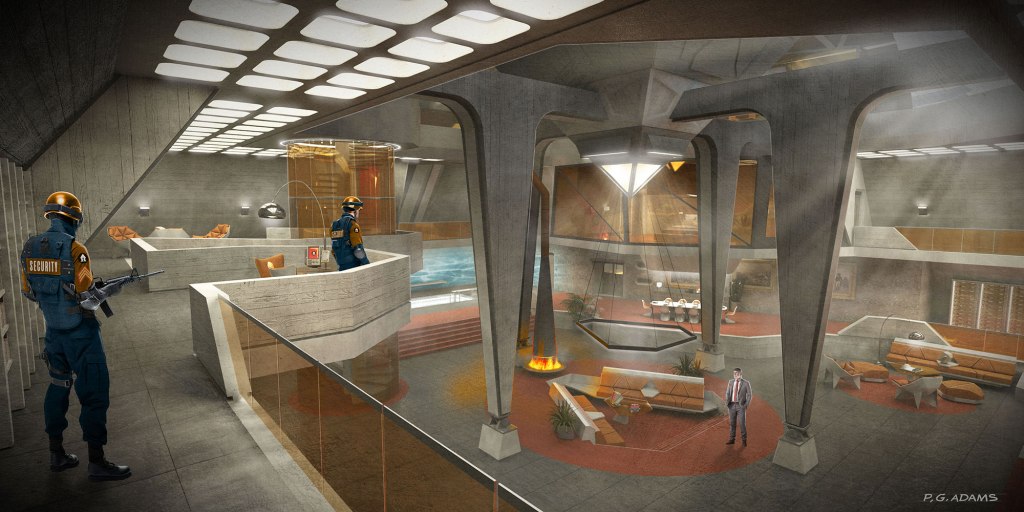 A futuristic interior scene featuring security personnel in uniforms, a modern lounge area with orange seating, a pool, and architectural features like large columns and a geometric skylight.