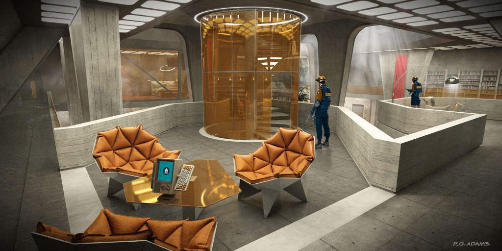 A futuristic lounge featuring orange geometric chairs, a glass elevator, and soldiers in blue uniforms. The interior has concrete walls and a modern design, with soft lighting and a bookshelf in the background.