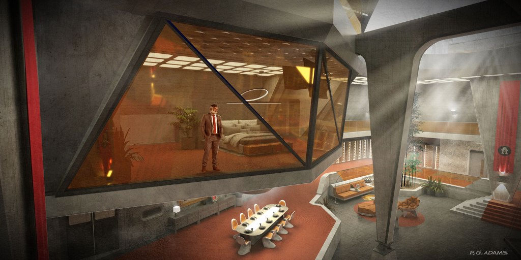 A modern, sleek interior featuring a spacious lobby with geometric design elements, a dining table set for multiple people, and a large glass-walled room overlooking the space where a man in a suit stands.