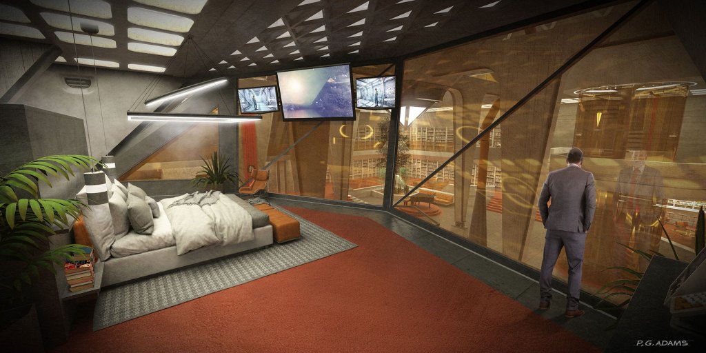 A modern, futuristic bedroom with sleek furniture, a large bed, and a view through a glass wall. A man in a suit stands looking outside, while two televisions display images. The room features plants and contemporary decor.