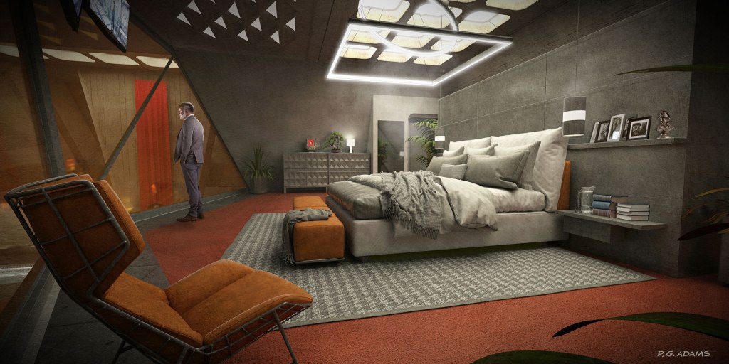 A modern bedroom with a stylish bed, decorative pillows, and an orange lounge chair. A well-dressed man stands by a large window, looking outside. The room features contemporary decor, sleek lighting, and a geometric rug.