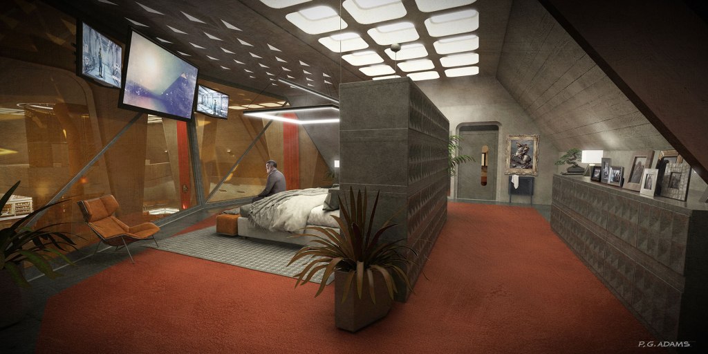 A modern bedroom interior featuring a large bed, two televisions mounted on the wall, and a comfortable orange armchair. The space is accented with plants and artwork, showcasing a mix of concrete and warm-colored furnishings.