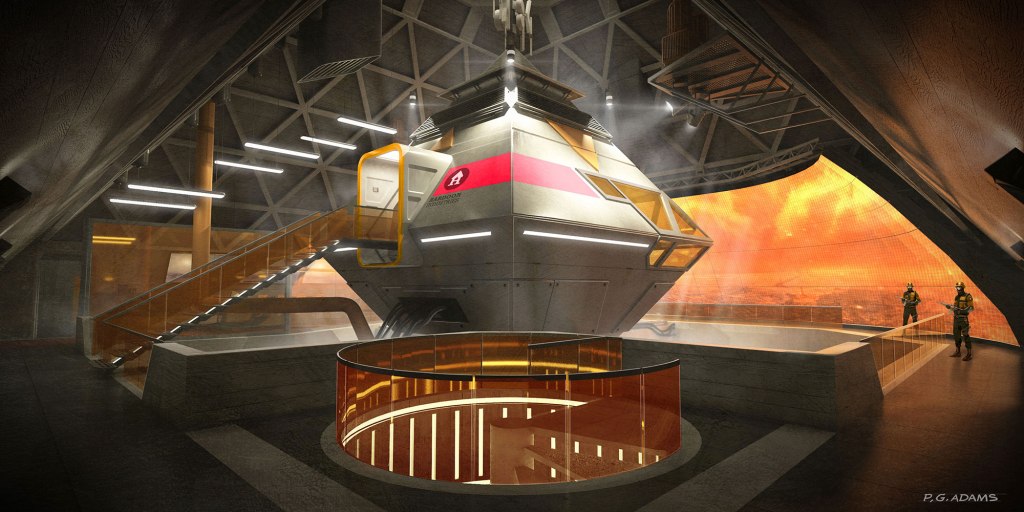 A futuristic spacecraft in a modern interior space with geometric design elements, featuring a prominent staircase and ambient lighting. Two figures in military attire stand in the background, overlooking a view of an orange-hued landscape.